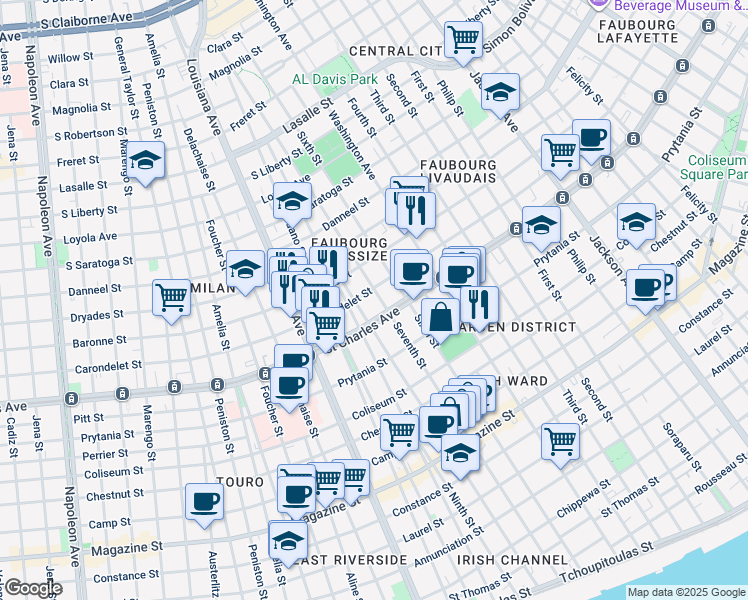 map of restaurants, bars, coffee shops, grocery stores, and more near 3028 Saint Charles Avenue in New Orleans