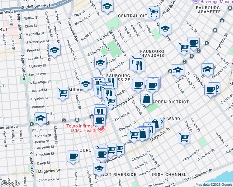 map of restaurants, bars, coffee shops, grocery stores, and more near in New Orleans