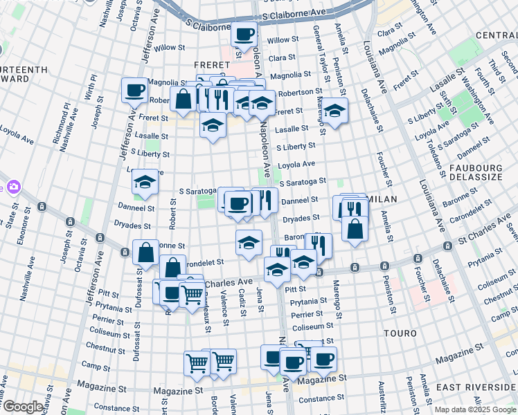 map of restaurants, bars, coffee shops, grocery stores, and more near 4439 Dryades Street in New Orleans