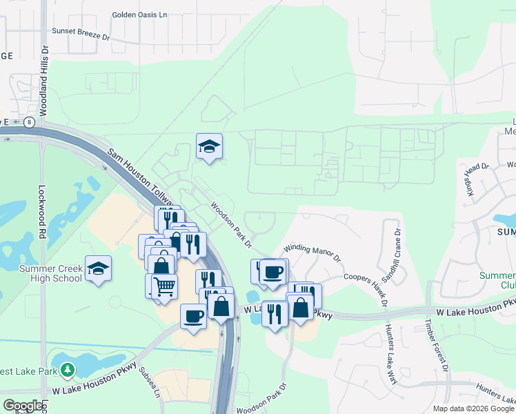 map of restaurants, bars, coffee shops, grocery stores, and more near 14218 Canton Spring Lane in Houston