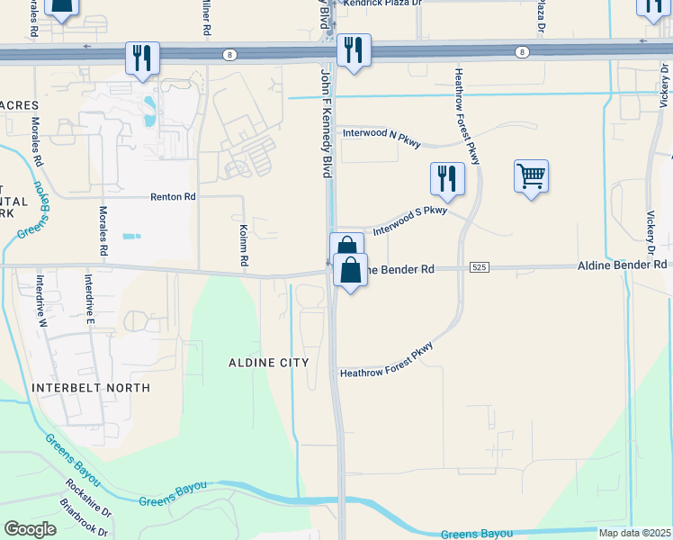 map of restaurants, bars, coffee shops, grocery stores, and more near 14446 John F Kennedy Boulevard in Houston
