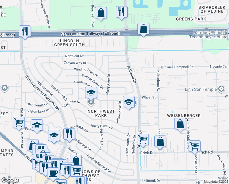 map of restaurants, bars, coffee shops, grocery stores, and more near 6710 Trail Valley Way in Houston