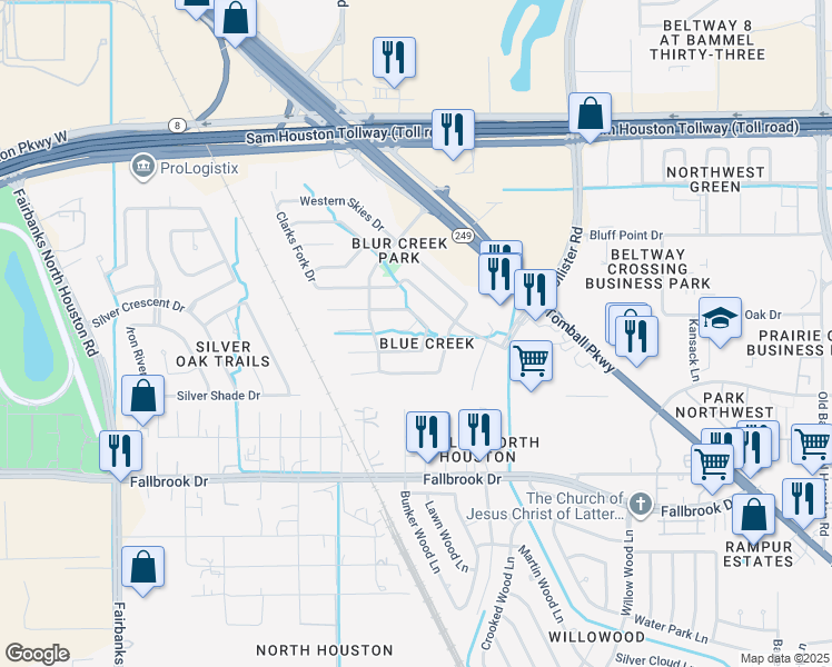 map of restaurants, bars, coffee shops, grocery stores, and more near 15219 Kellerwood Drive in Houston