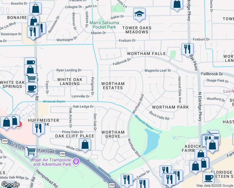 map of restaurants, bars, coffee shops, grocery stores, and more near 10926 Tulip Garden Court in Houston