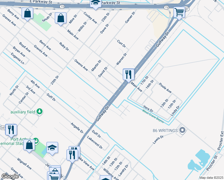 map of restaurants, bars, coffee shops, grocery stores, and more near 1900 Owens Avenue in Groves