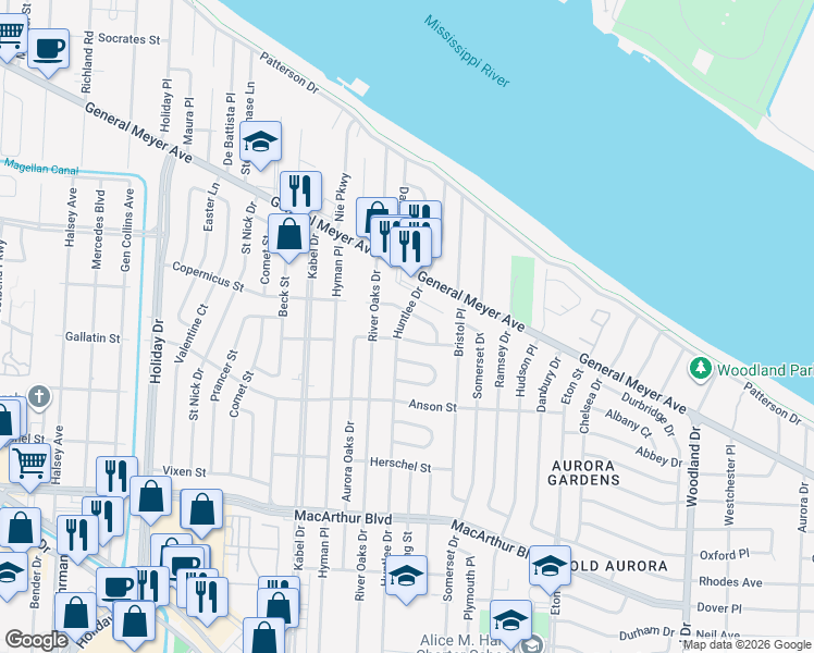 map of restaurants, bars, coffee shops, grocery stores, and more near 4625 Gallatin Street in New Orleans