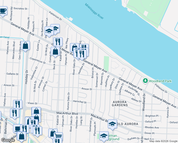 map of restaurants, bars, coffee shops, grocery stores, and more near 4625 Gallatin Street in New Orleans