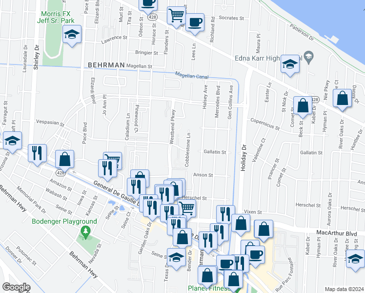 map of restaurants, bars, coffee shops, grocery stores, and more near 3522 Vespasian Boulevard in New Orleans