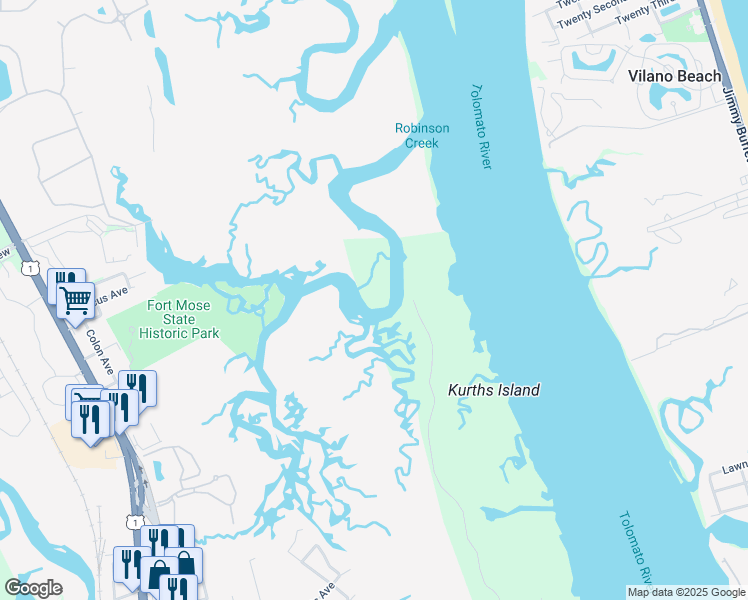 map of restaurants, bars, coffee shops, grocery stores, and more near 3423 Lands End Dr in St Augustine