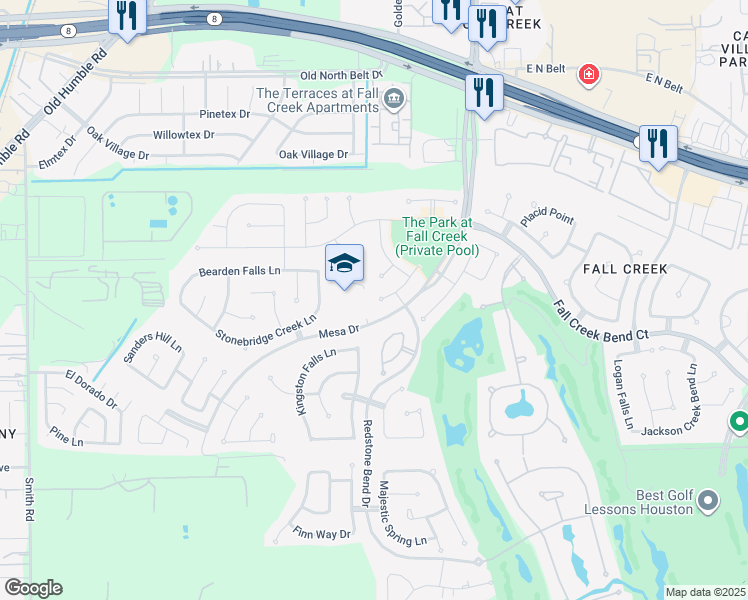 map of restaurants, bars, coffee shops, grocery stores, and more near 7602 Tyler Creek Lane in Humble