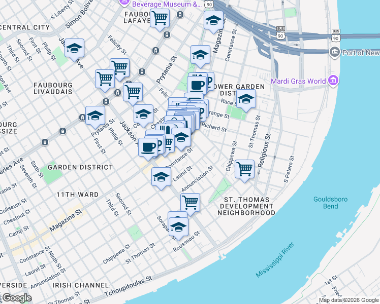 map of restaurants, bars, coffee shops, grocery stores, and more near 1010 Saint Mary Street in New Orleans