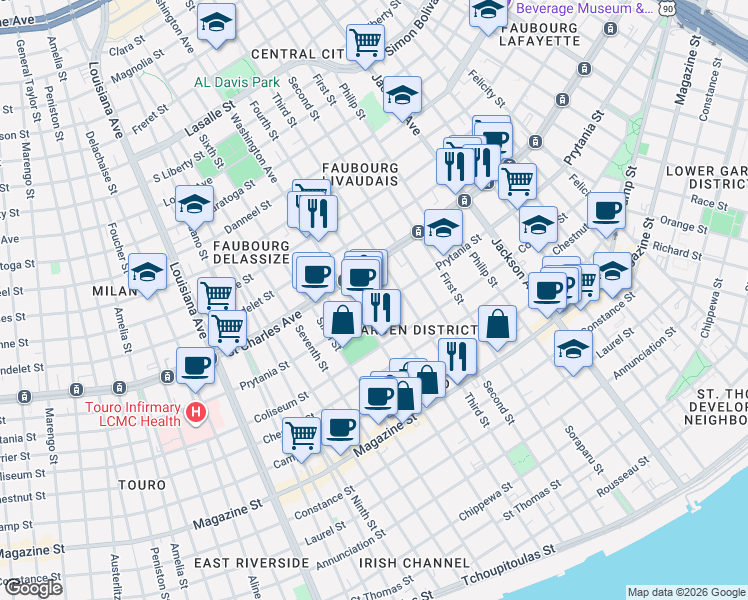 map of restaurants, bars, coffee shops, grocery stores, and more near 1524 Third Street in New Orleans