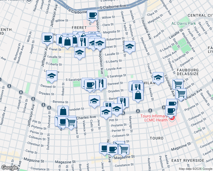 map of restaurants, bars, coffee shops, grocery stores, and more near in New Orleans