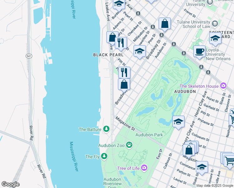 map of restaurants, bars, coffee shops, grocery stores, and more near 17 Leake Avenue in New Orleans
