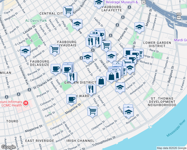 map of restaurants, bars, coffee shops, grocery stores, and more near 1435 First Street in New Orleans