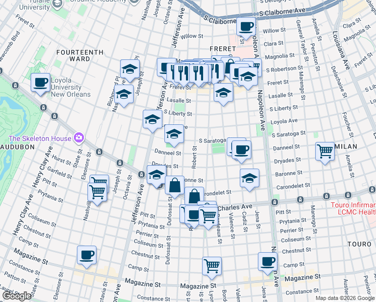 map of restaurants, bars, coffee shops, grocery stores, and more near 5027 Danneel Street in New Orleans