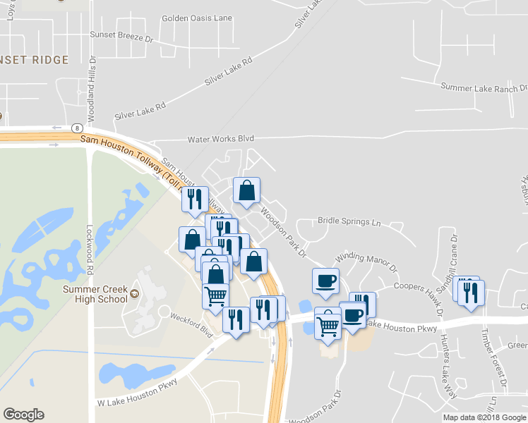 map of restaurants, bars, coffee shops, grocery stores, and more near 1731 Woodson Park Drive in Houston