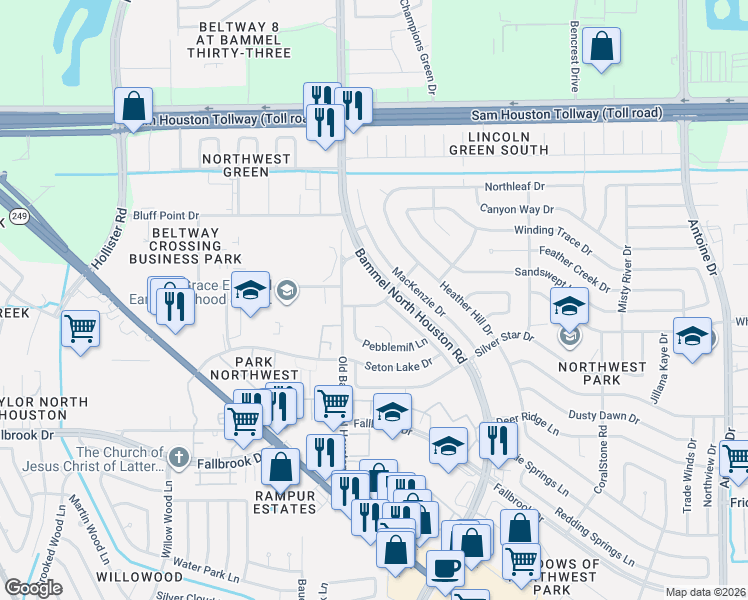 map of restaurants, bars, coffee shops, grocery stores, and more near 10707 Mackenzie Drive in Houston