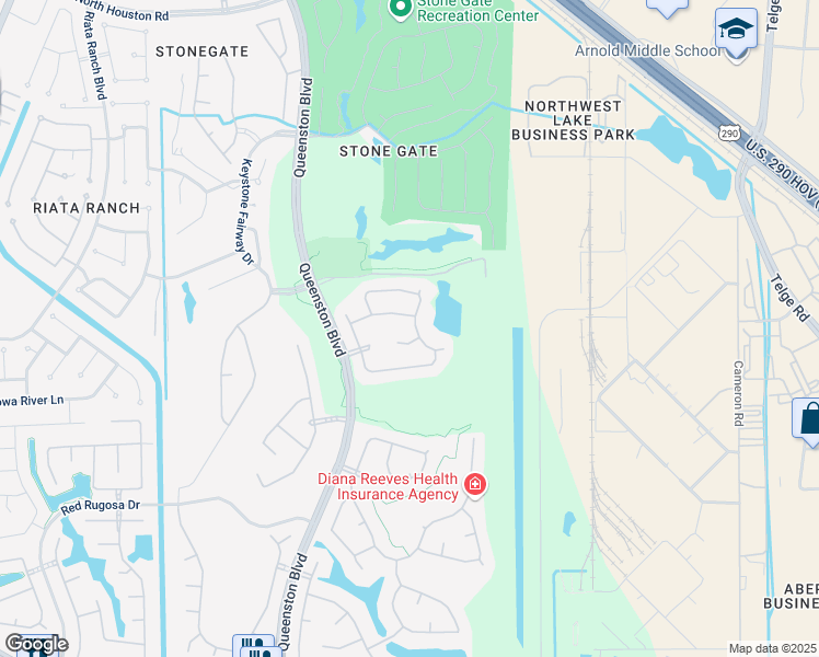 map of restaurants, bars, coffee shops, grocery stores, and more near 16514 Willow Fairway Drive in Houston