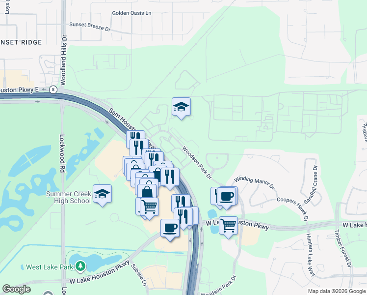 map of restaurants, bars, coffee shops, grocery stores, and more near 2241 Woodson Park Drive in Houston