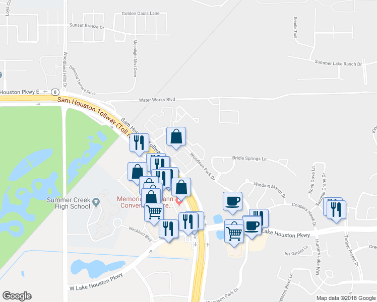 map of restaurants, bars, coffee shops, grocery stores, and more near 2258 Woodson Park Drive in Houston