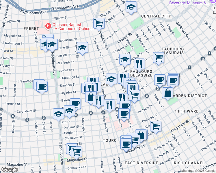 map of restaurants, bars, coffee shops, grocery stores, and more near 3520 Dryades Street in New Orleans