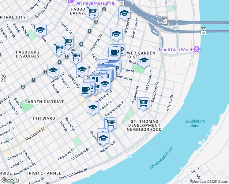 map of restaurants, bars, coffee shops, grocery stores, and more near 1010 Saint Mary Street in New Orleans