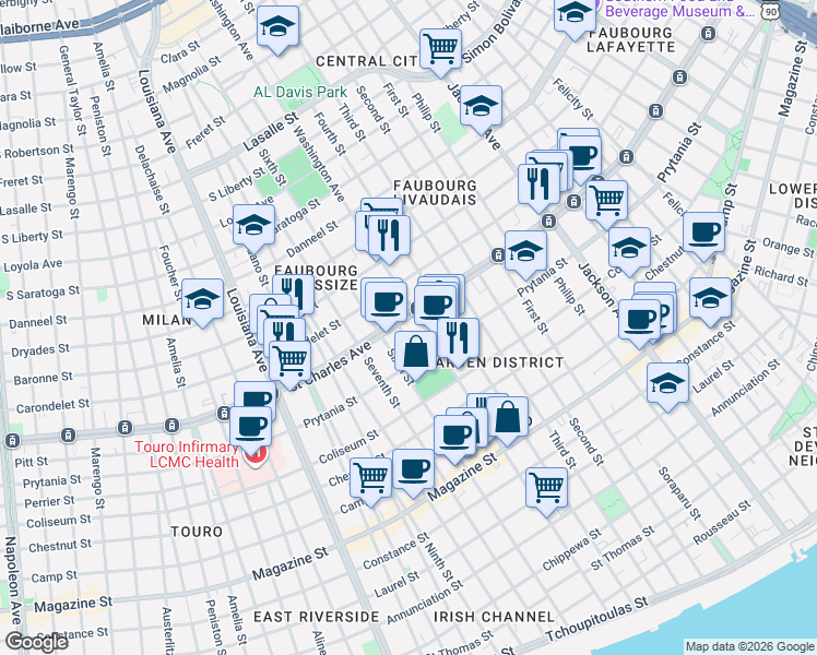 map of restaurants, bars, coffee shops, grocery stores, and more near 2720 Saint Charles Avenue in New Orleans