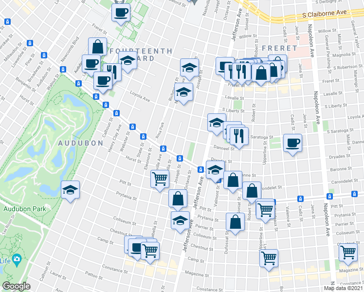 map of restaurants, bars, coffee shops, grocery stores, and more near 1636 Arabella Street in New Orleans