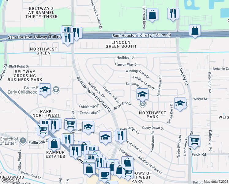 map of restaurants, bars, coffee shops, grocery stores, and more near 7014 Trail Valley Way in Houston