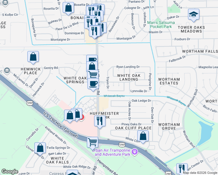 map of restaurants, bars, coffee shops, grocery stores, and more near 10715 Pawley Drive in Houston
