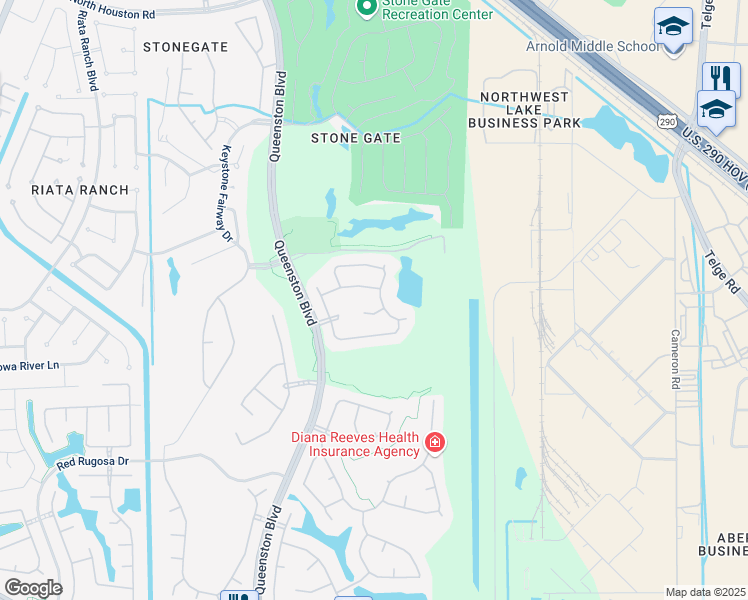 map of restaurants, bars, coffee shops, grocery stores, and more near 16514 Willow Fairway Drive in Houston