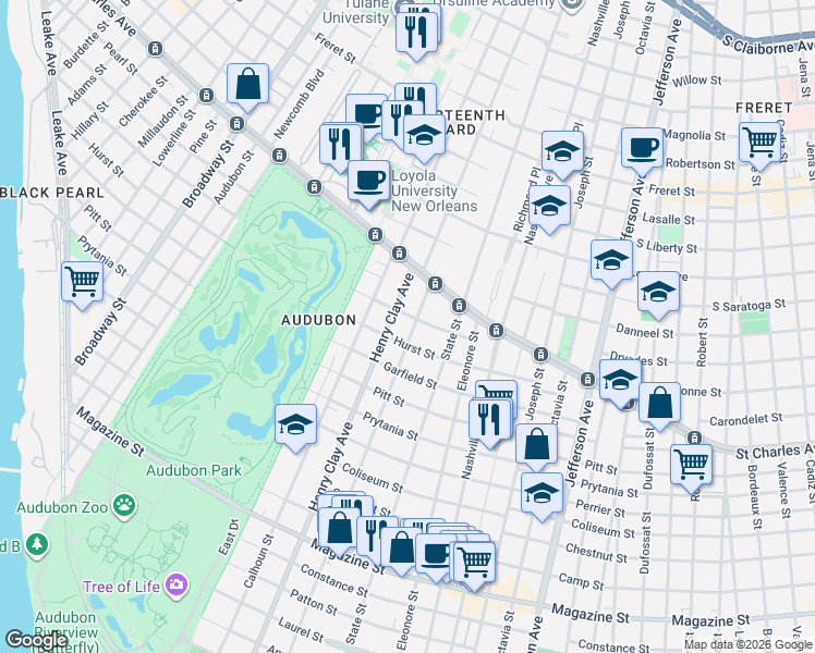 map of restaurants, bars, coffee shops, grocery stores, and more near 1556 Webster Street in New Orleans