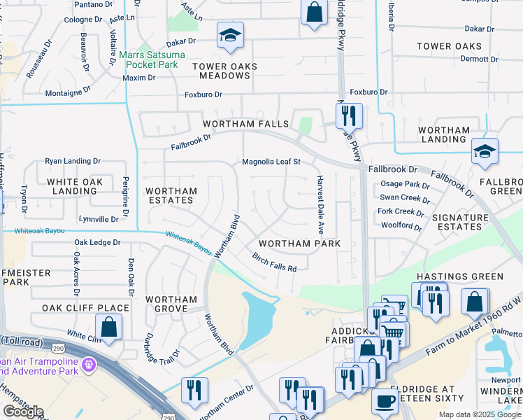 map of restaurants, bars, coffee shops, grocery stores, and more near 12918 Orchard Hollow Way in Houston