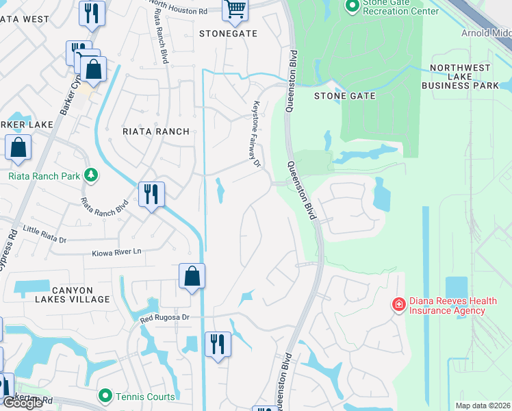 map of restaurants, bars, coffee shops, grocery stores, and more near 10939 Keystone Fairway Drive in Houston