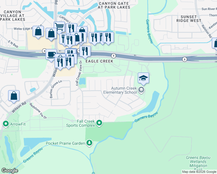 map of restaurants, bars, coffee shops, grocery stores, and more near 14903 Ashley Creek Court in Humble