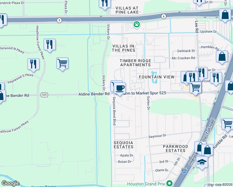 map of restaurants, bars, coffee shops, grocery stores, and more near 5015 Aldine Bender Road in Houston