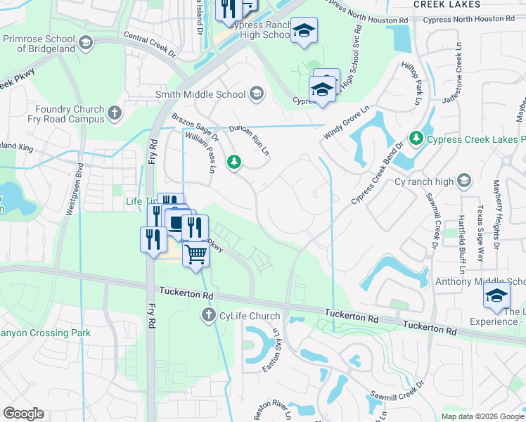map of restaurants, bars, coffee shops, grocery stores, and more near 10103 Peytons Grace Lane in Cypress