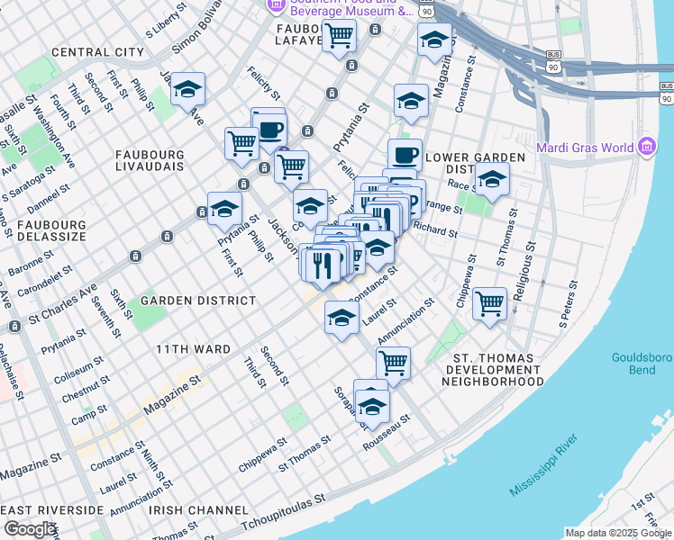 map of restaurants, bars, coffee shops, grocery stores, and more near in New Orleans
