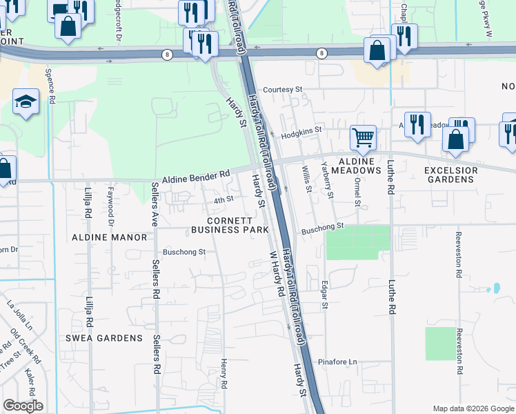 map of restaurants, bars, coffee shops, grocery stores, and more near 14811 West Hardy Road in Houston