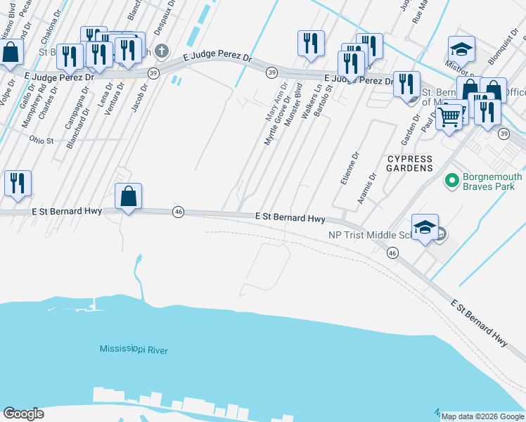 map of restaurants, bars, coffee shops, grocery stores, and more near 2015 Walkers Lane in Meraux