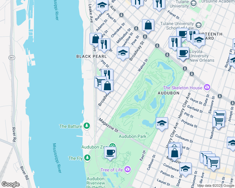 map of restaurants, bars, coffee shops, grocery stores, and more near 347 Audubon Street in New Orleans