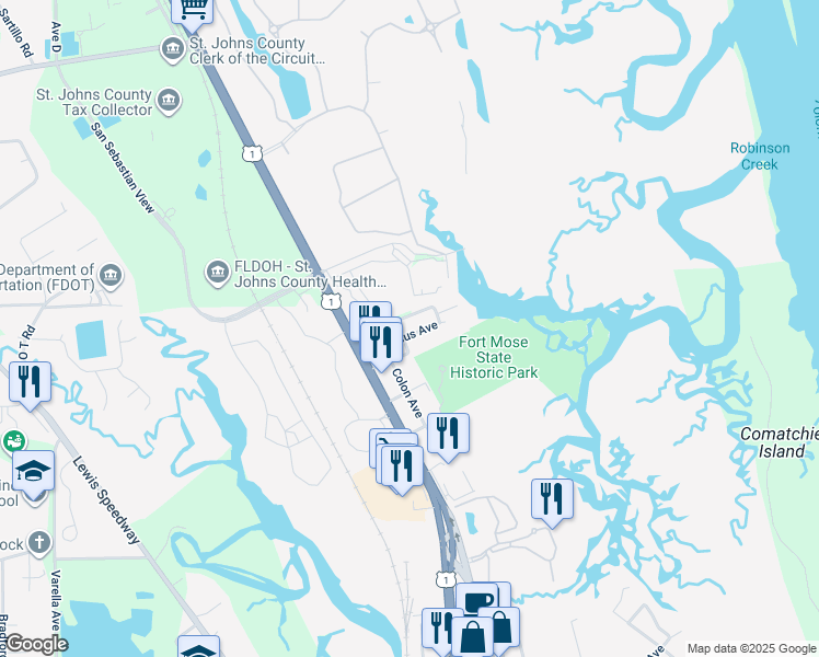 map of restaurants, bars, coffee shops, grocery stores, and more near 24 Poinciana Avenue in St. Augustine