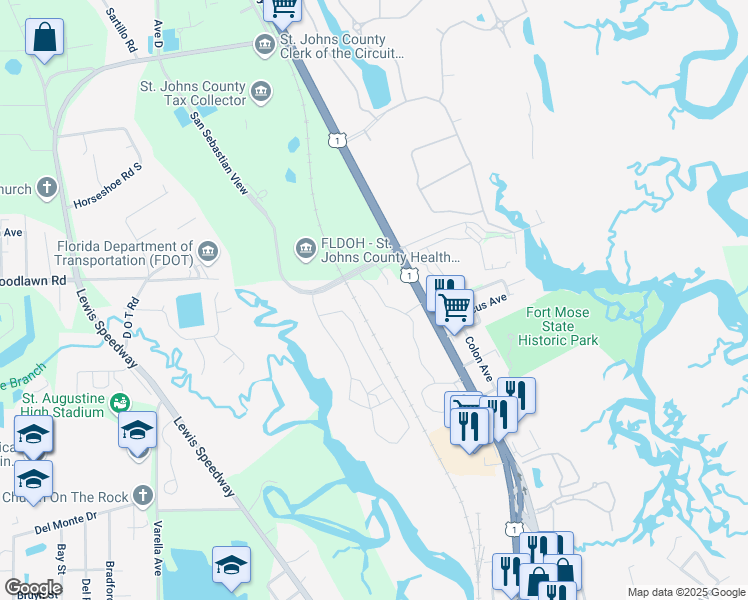 map of restaurants, bars, coffee shops, grocery stores, and more near 100 Lasa Drive in St. Augustine