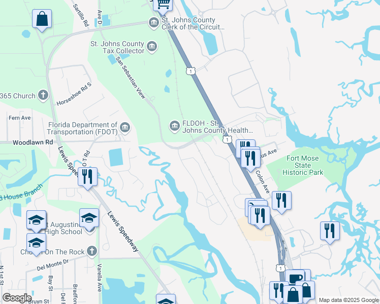 map of restaurants, bars, coffee shops, grocery stores, and more near San Sebastian View in St. Augustine