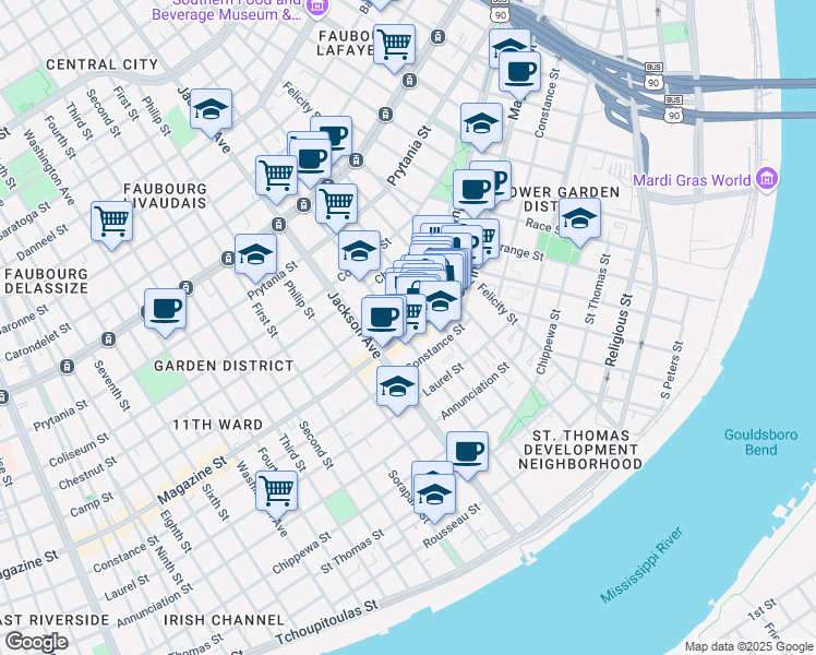 map of restaurants, bars, coffee shops, grocery stores, and more near 2039 Magazine Street in New Orleans