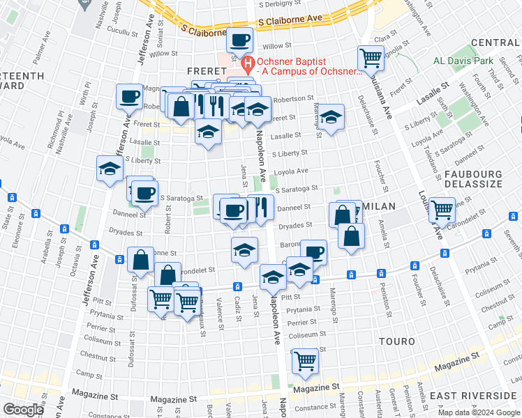 map of restaurants, bars, coffee shops, grocery stores, and more near 2025 Jena Street in New Orleans
