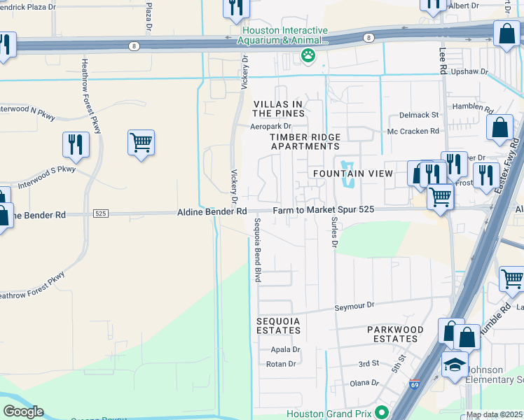 map of restaurants, bars, coffee shops, grocery stores, and more near 5015 Aldine Bender Road in Houston
