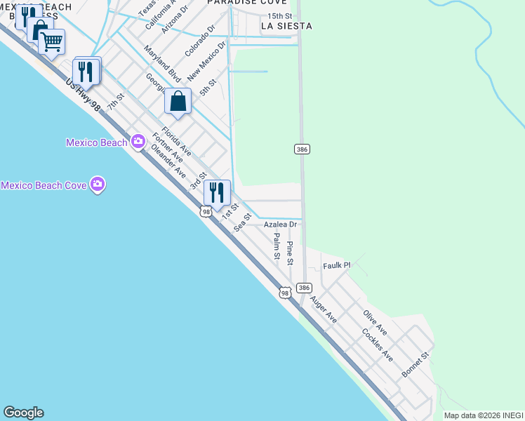 map of restaurants, bars, coffee shops, grocery stores, and more near 69 1st Street in Mexico Beach