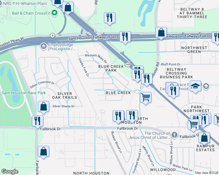map of restaurants, bars, coffee shops, grocery stores, and more near 15235 Henson Creek Drive in Houston